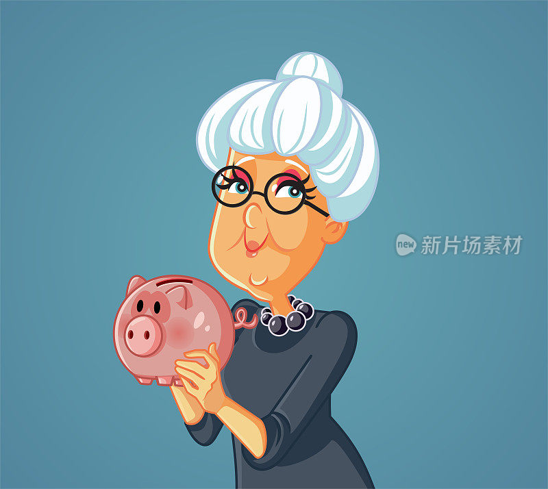 Happy Granny Holding a Piggy Bank with Life Savings矢量卡通